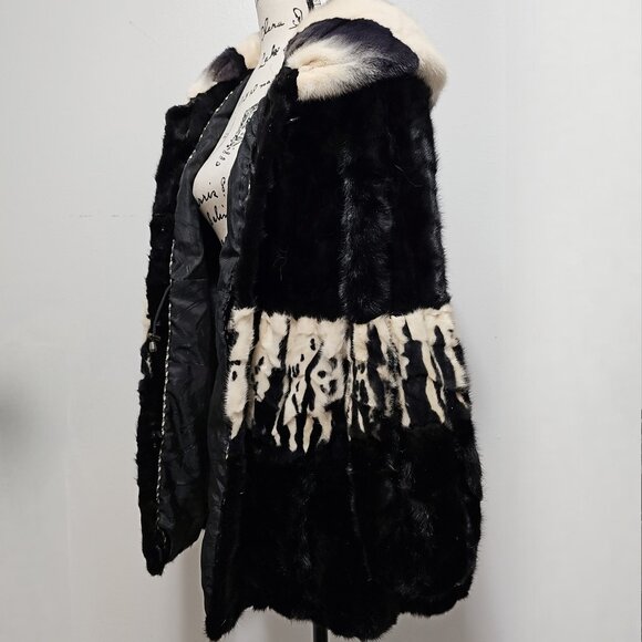 New Real MINK Overcoat Jacket Blazer Lantern Sleeves Hooded Black White Ombre M - Picture 4 of 6